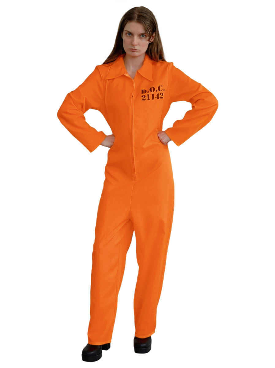 Jailbird Plus Size Men's Orange Prisoner Costume - Female Image