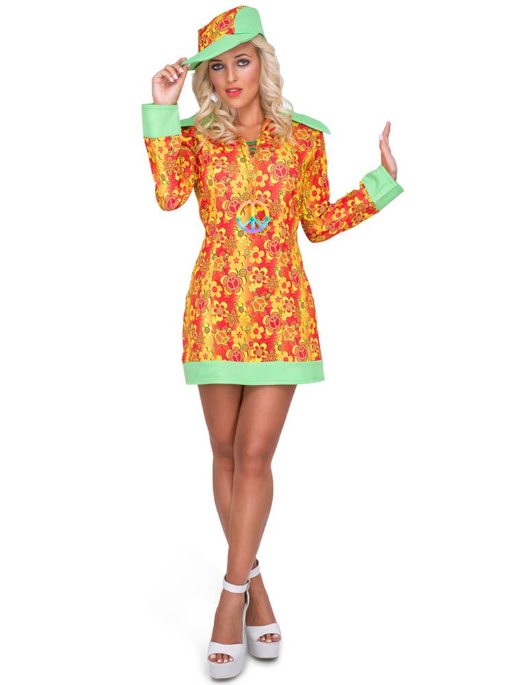 1960s Womens Groovy Hippie Costume With Cap - Main Image