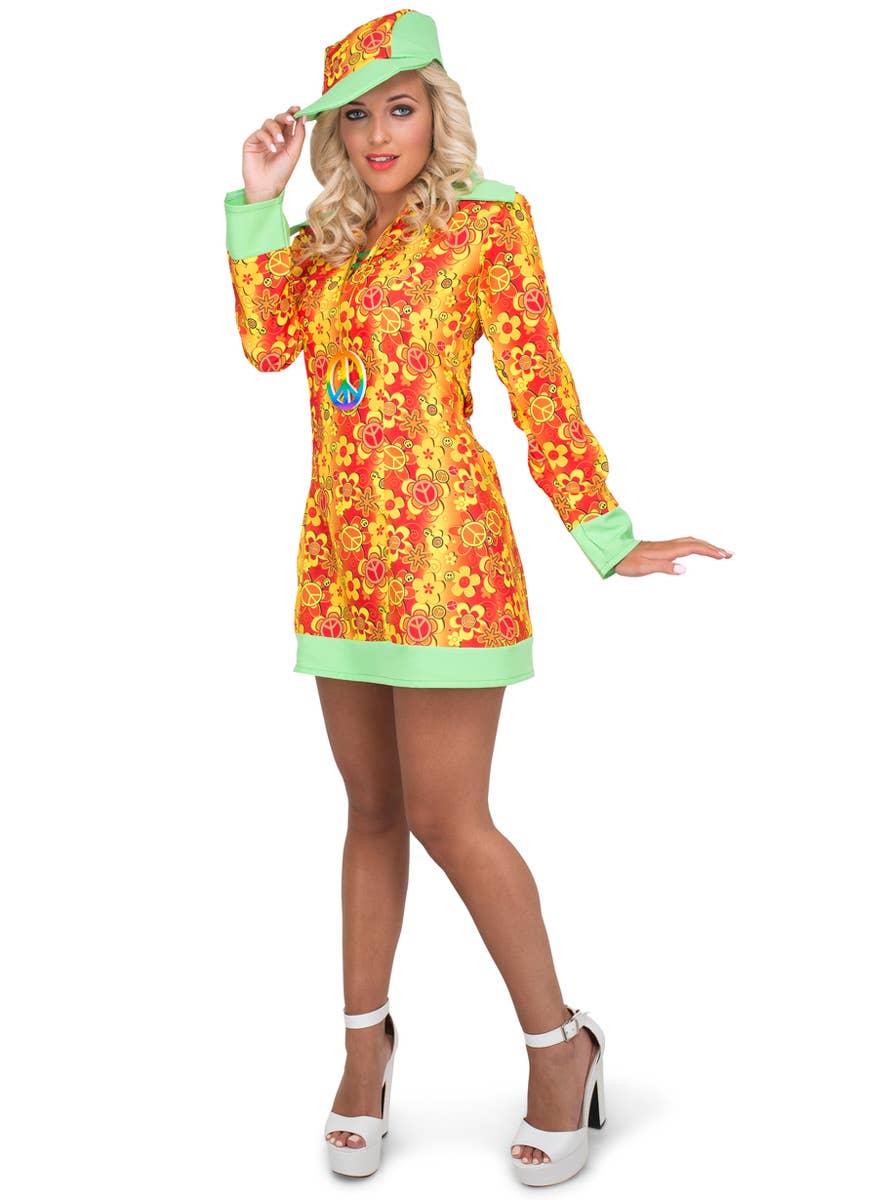 1960s Womens Groovy Hippie Costume With Cap - Side Image