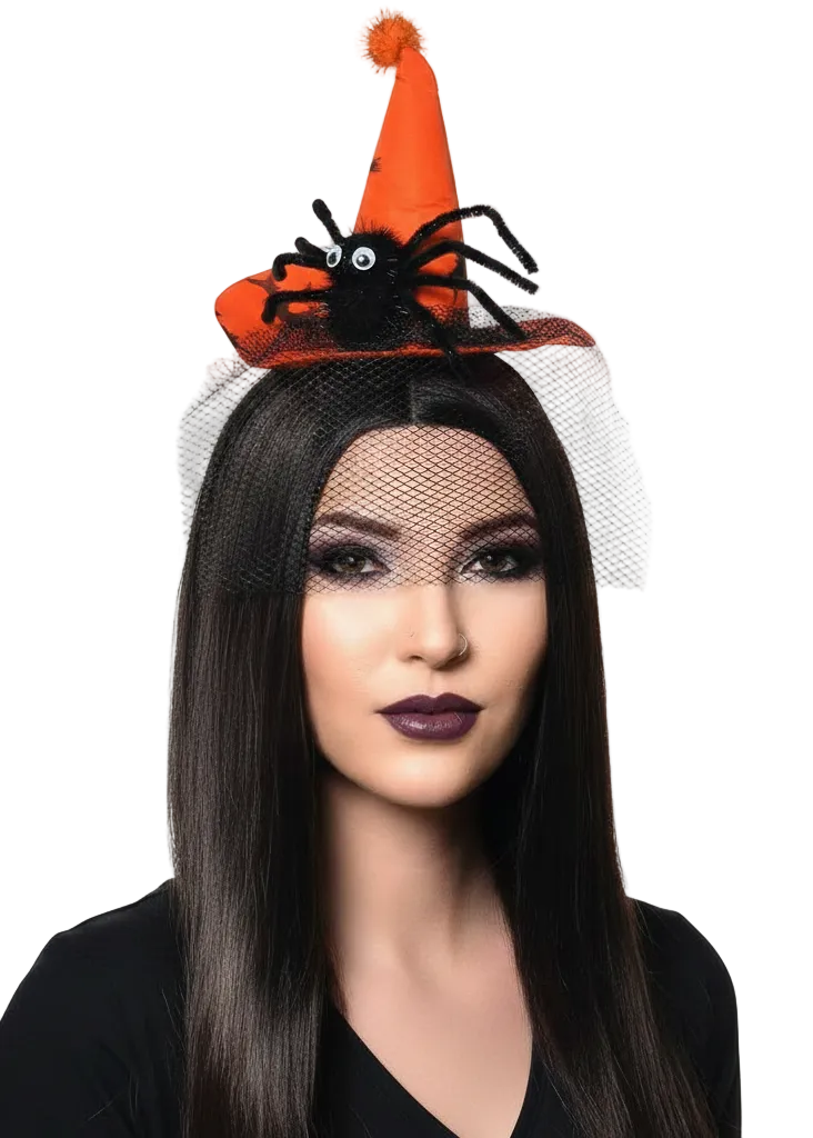 Orange Mini Witch Hat Headband with Spider and Black Veil - Main Image