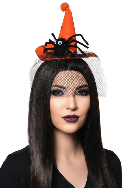 Orange Mini Witch Hat Headband with Spider and Black Veil - Main Image