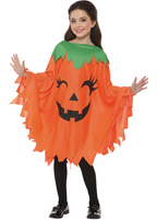 Girls Orange and Green Pumpkin Face Costume Poncho - Main Image