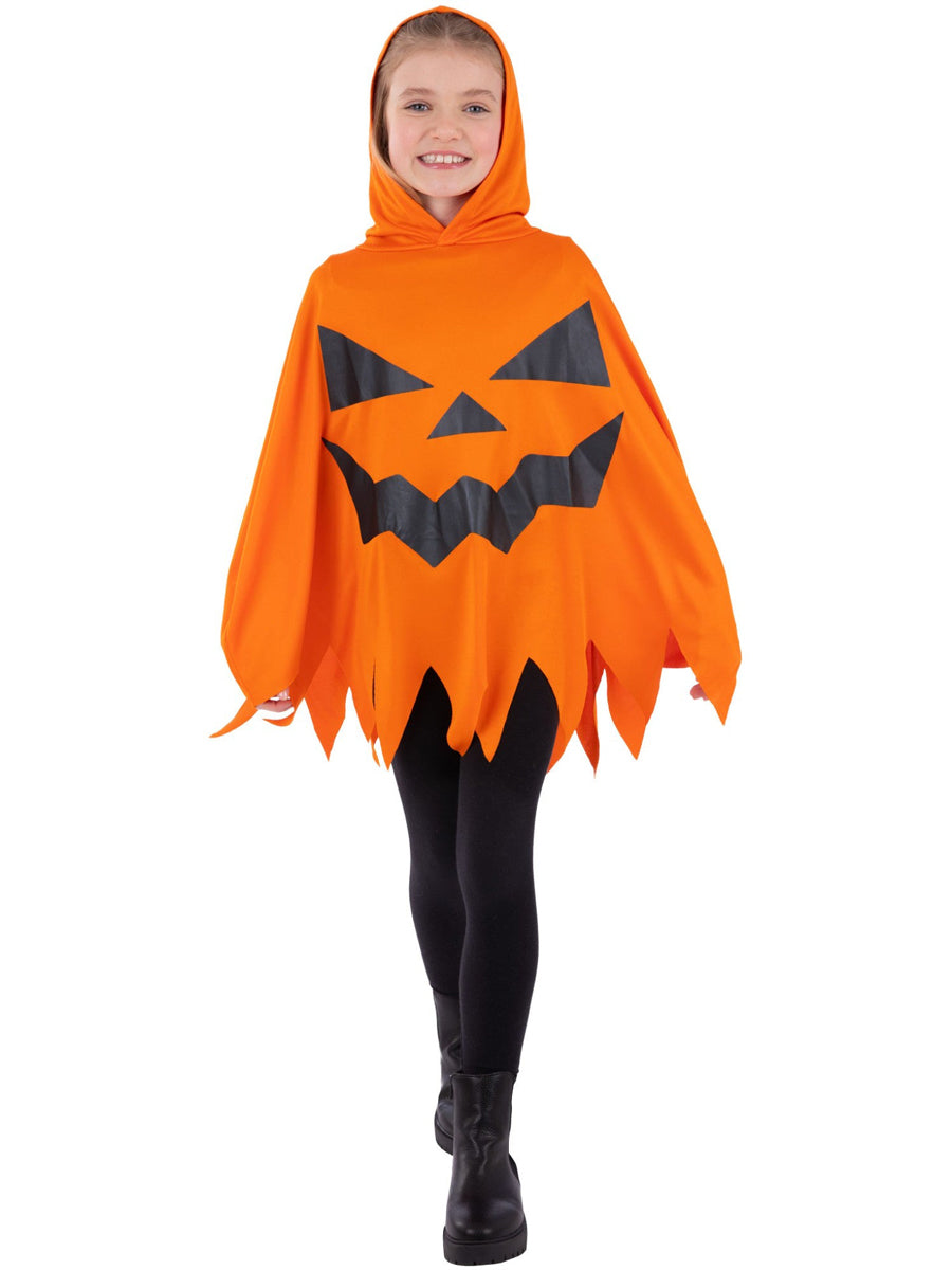 Hooded Kids Orange Pumpkin Halloween Poncho Costume - Main Image