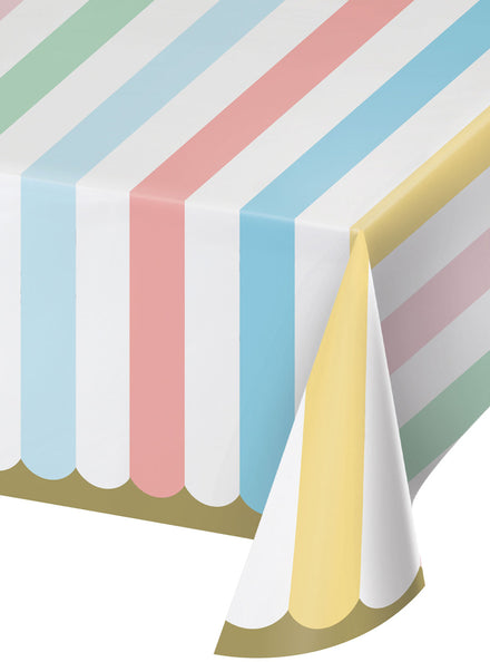Pastel Celebrations Rainbow Striped Gold Edge 259cm Paper Table Cover – Main Image