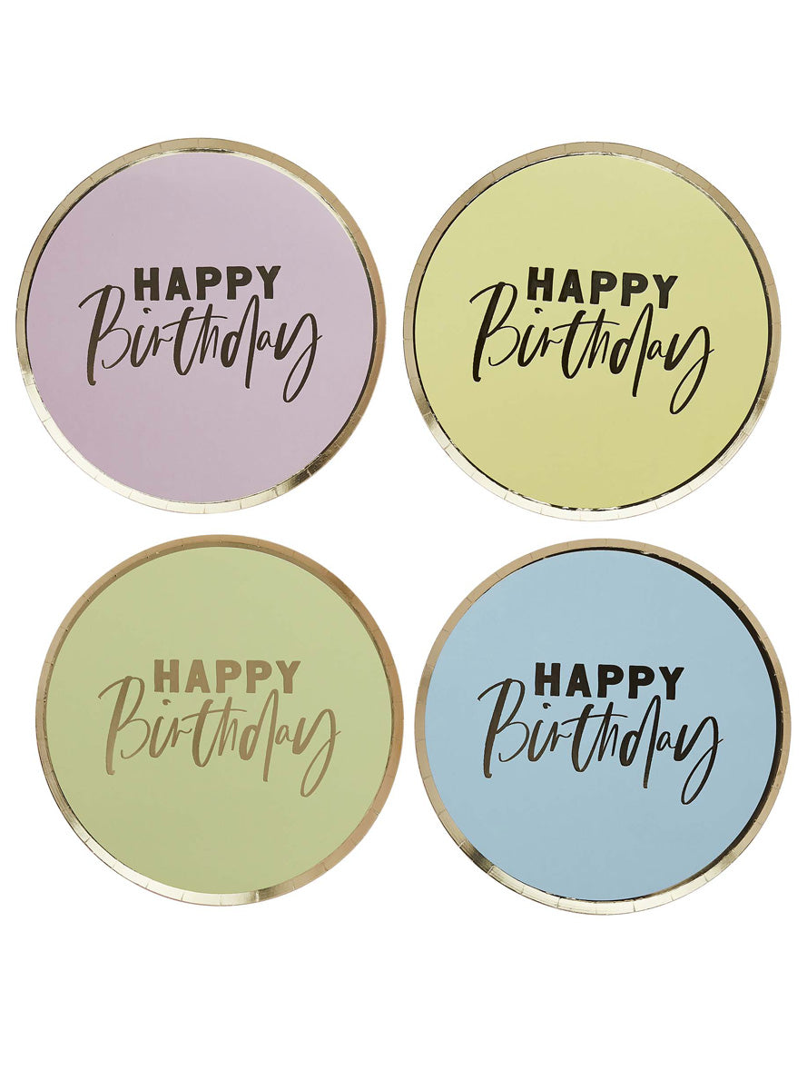 Pastel Happy Birthday Assorted Colours 8 Pack 23cm Paper Plates – Main Image