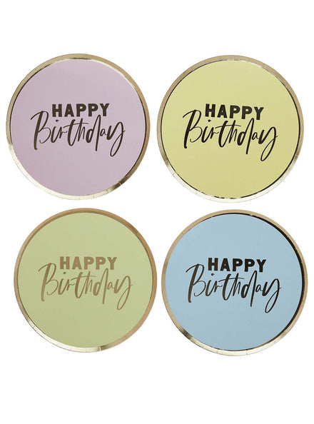 Pastel Happy Birthday Assorted Colours 8 Pack 23cm Paper Plates – Main Image