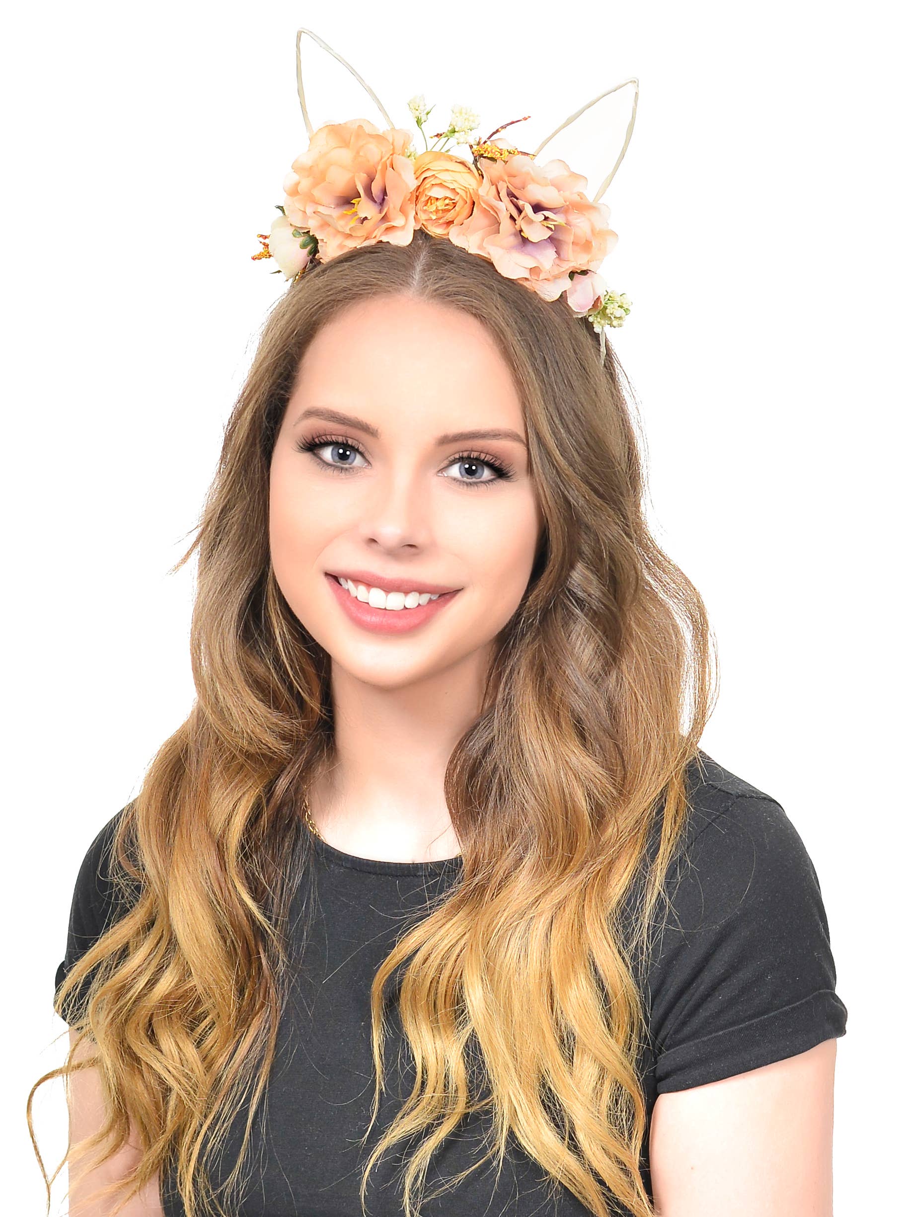 Pastel Orange Flowers Costume Accessory Headband with Animal Ears - Alternative Image