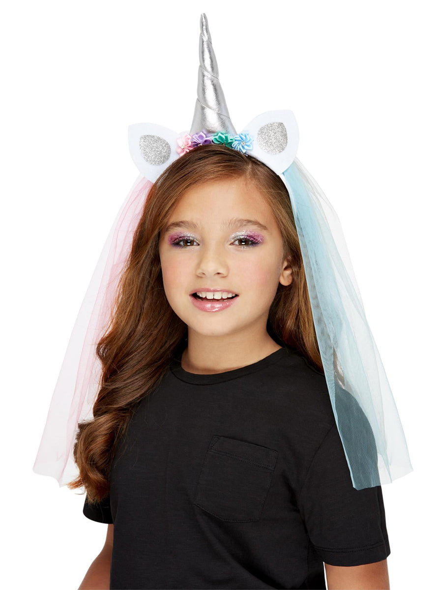 Pastel Rainbow Kids Veiled Unicorn Headband - Main Image