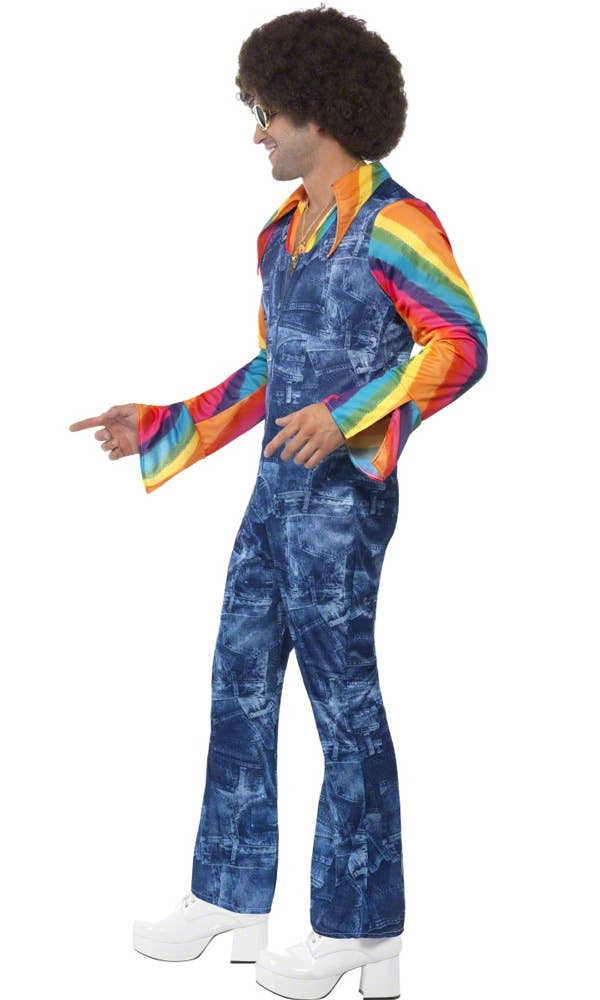 Funky Patchwork Denim Men's 1970s Jumpsuit Disco Costume - Side 