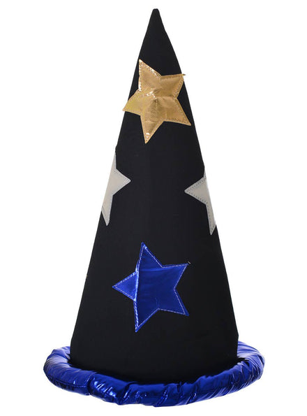 Black Wizard's Costume Hat with Blue, Silver and Gold Stars