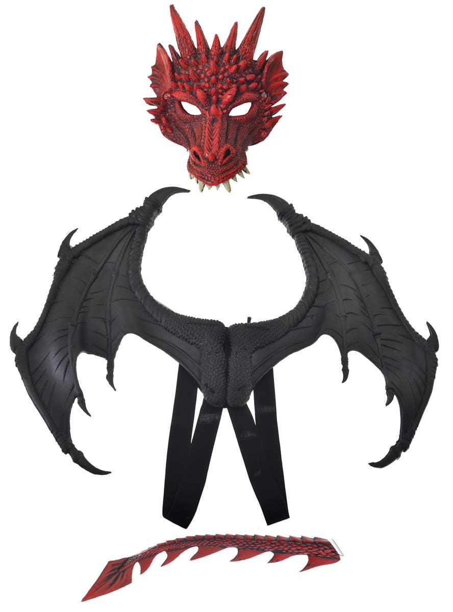 Deluxe Red and Black Dragon Wings, Mask and Tail Set
