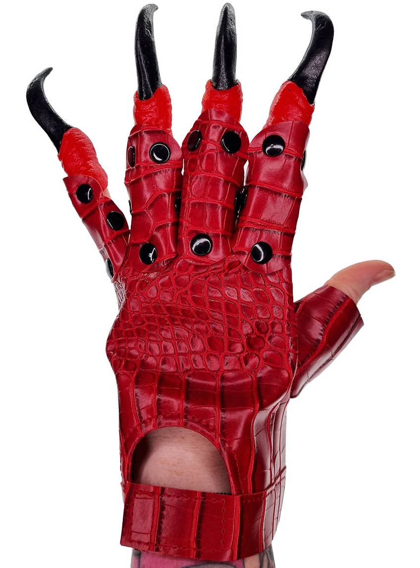 Red Leather Look Scale Print Costume Gloves with Black Rubber Claws - Alternate Image 1
