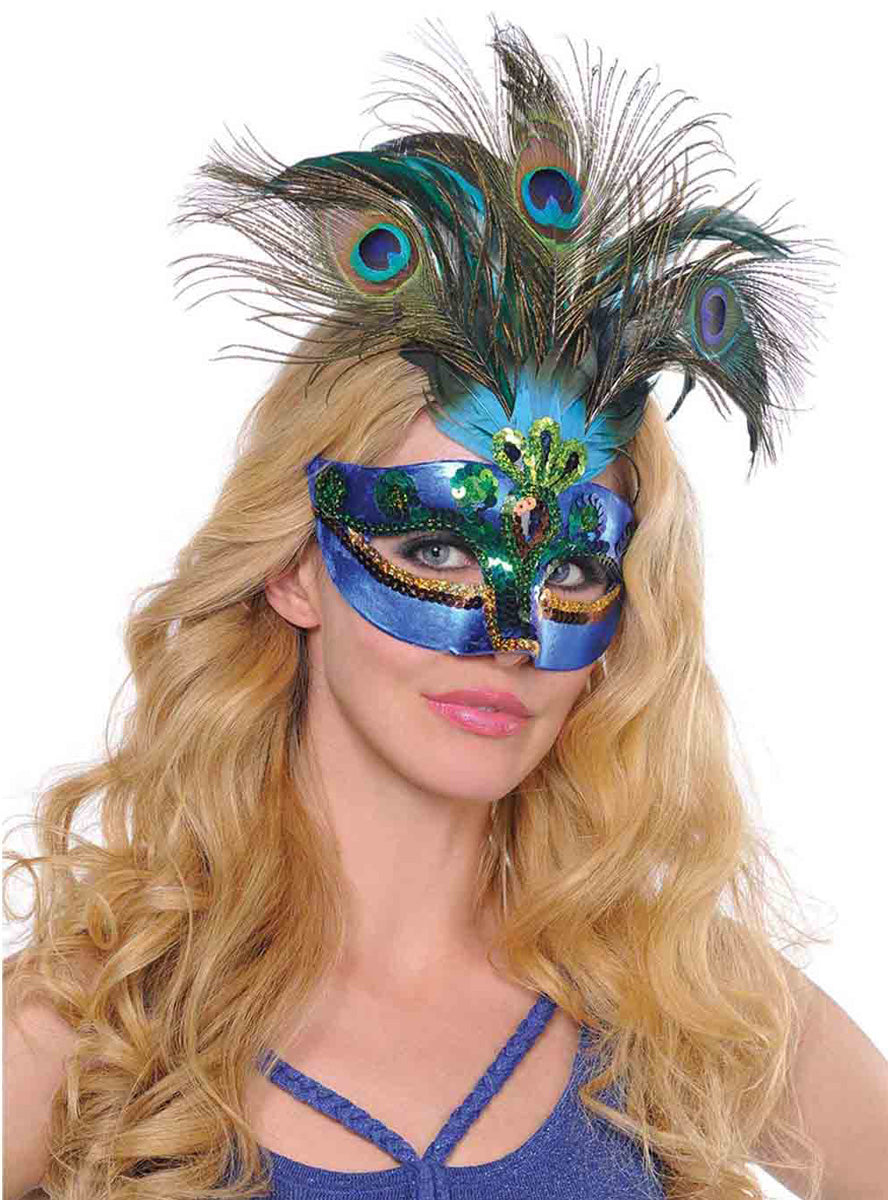 Womens Blue Peacock Feather Masquerade Mask