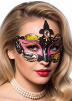 Pink and Black Crackle Paint Baroque Style Masquerade Mask - Main Image