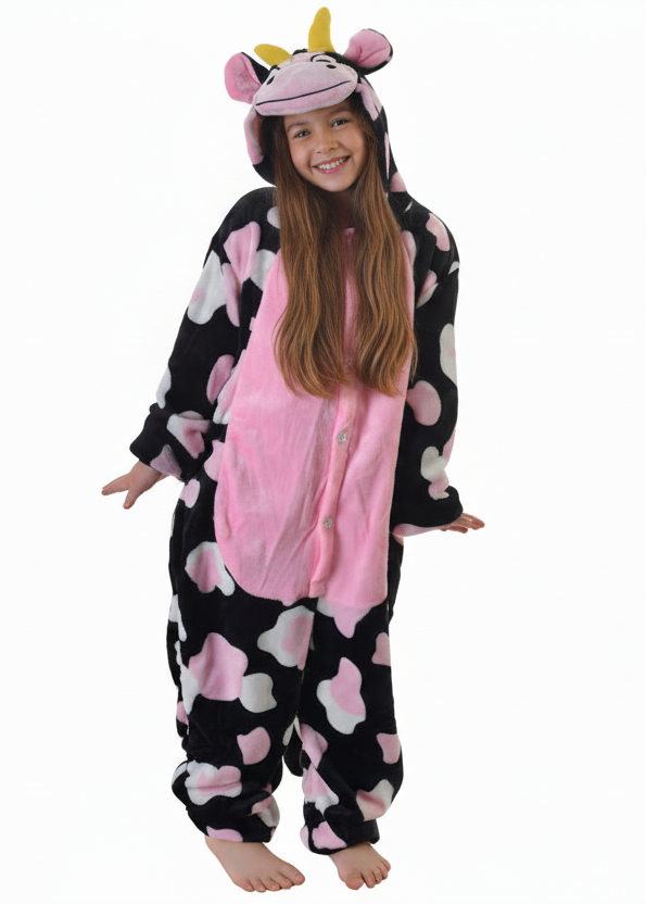 Image of Plush Kids Pink and Black Cow Onesie Costume - Main Image