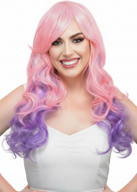 Pastel Pink and Purple Curly Wig with Side Fringe - Main Image