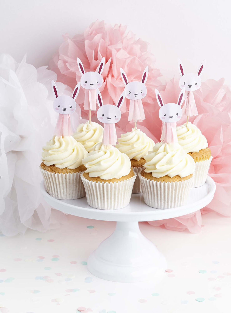 Pink Bunny 6 Pack 6cm Tassel Cake Picks - Lifestyle Image