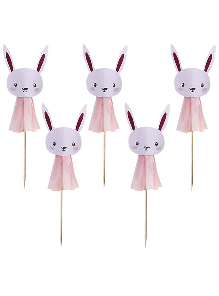 Pink Bunny 6 Pack 6cm Tassel Cake Picks - Main Image