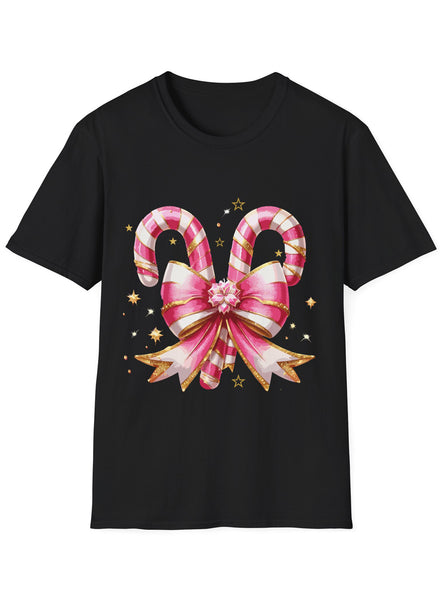 Pink Candy Canes Womens Black Christmas T-Shirt