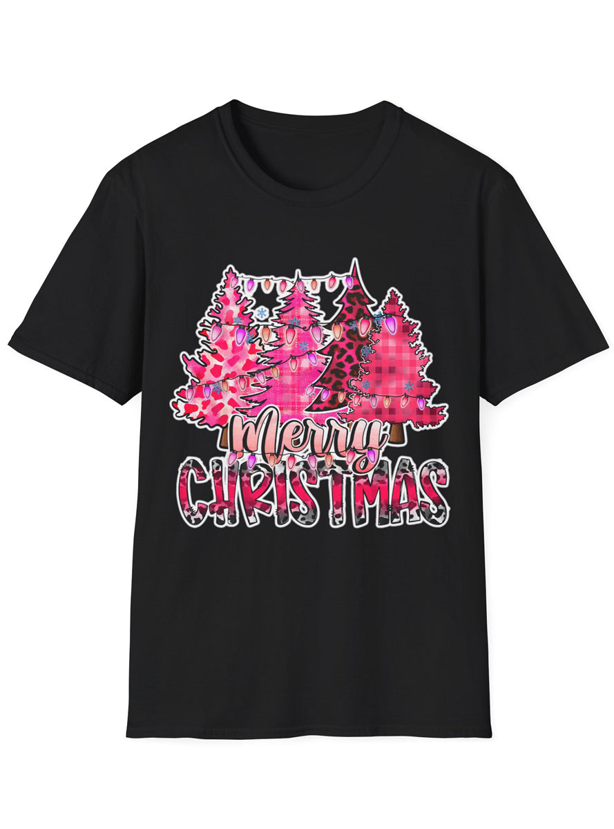 Black Adults T-Shirt with Pink Christmas Trees Print