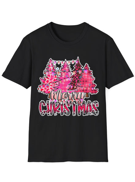 Black Adults T-Shirt with Pink Christmas Trees Print