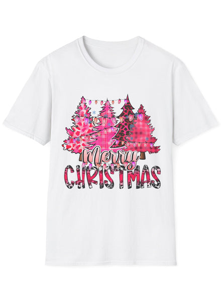 White Adults Plus Size T-Shirt with Pink Christmas Trees Print