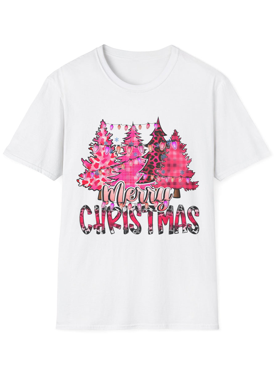 White Adults T-Shirt with Pink Christmas Trees Print