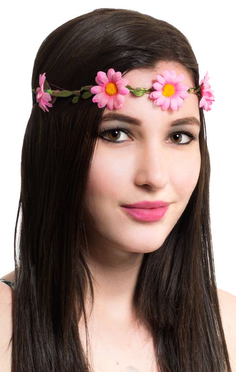 Pink Daisy Chain Flower Crown Headband Hippy 60s Costume Accessory - Main Image
