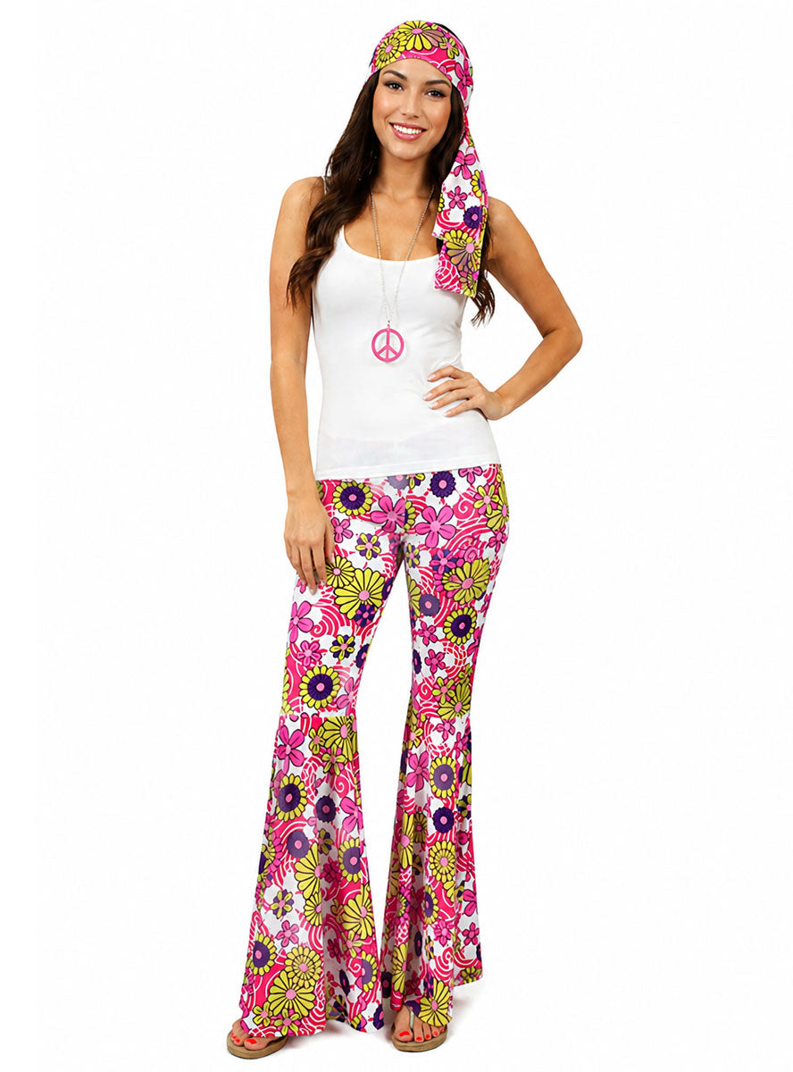 Pink Flower 70s Bell Bottom Pants And Matching Headband