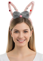 Pink and Grey Fluffy Bunny Ears with Bow - main image