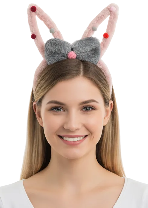 Pink and Grey Fluffy Bunny Ears with Bow - main image