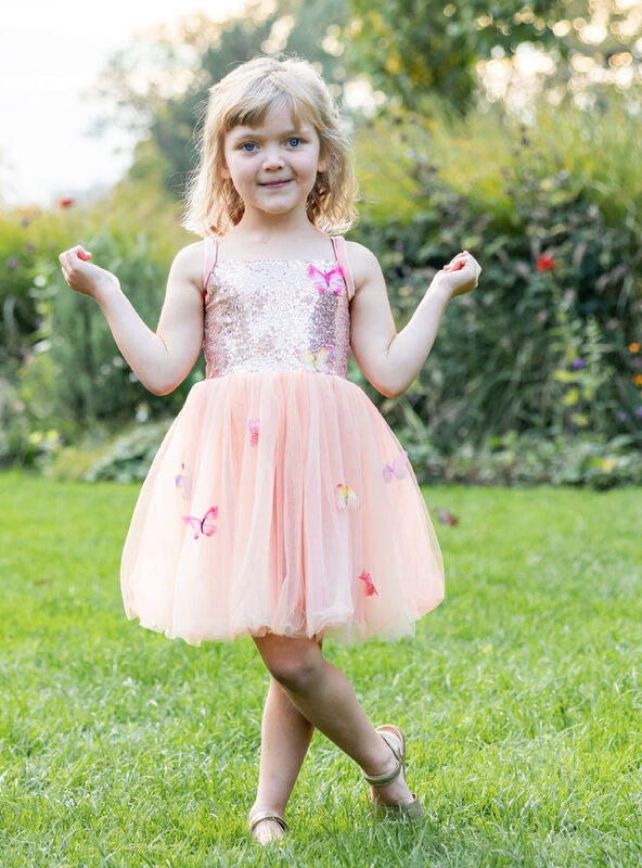 Pink Girls Butterfly Sequin Costume Dress - Lifestyle Image 1