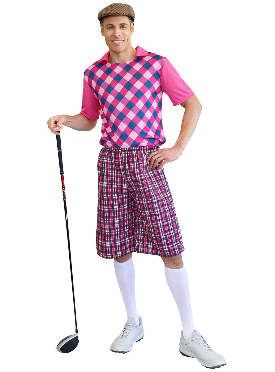 Mens Pink and Blue Golf Uniform Costume - Alternative Image