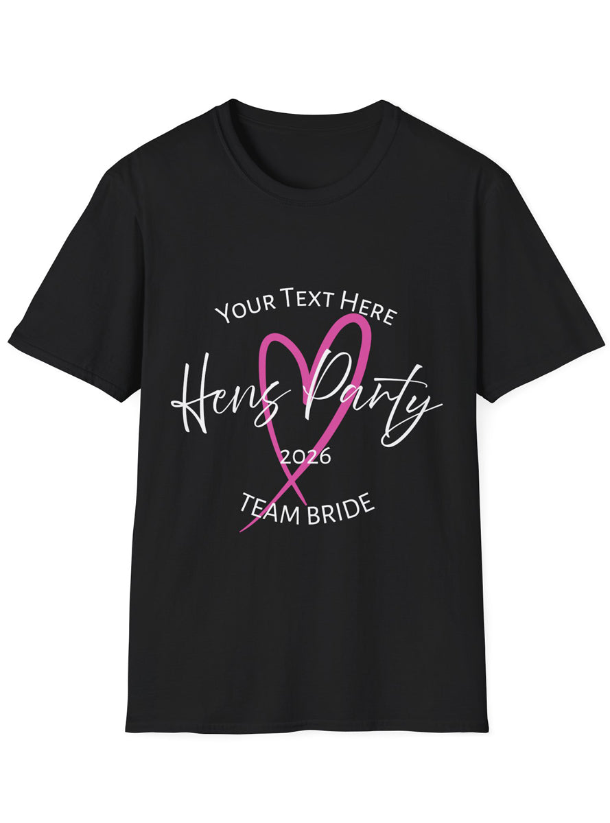 Adults Black T-Shirt with Pink Heart Hens Party Team Bride Print