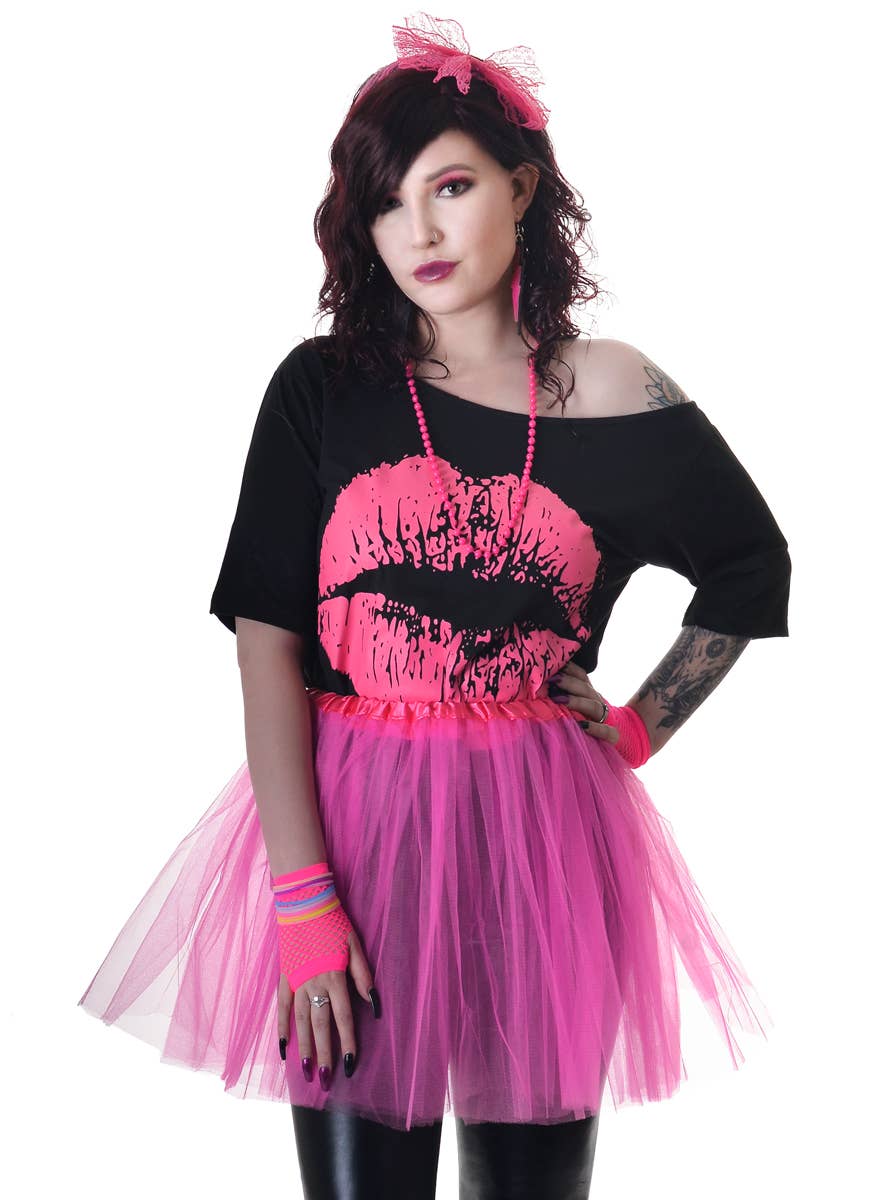 Image of Neon Pink 3 Piece 1980s Costume Accessory Set - Style Image