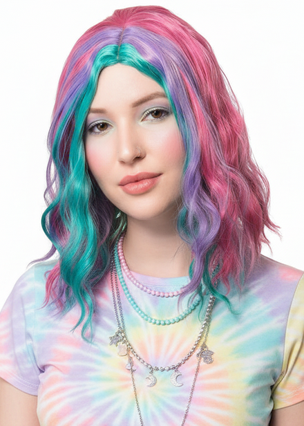 Mid Length Wavy Pink Purple and Teal Women's Costume Wig - Main Image
