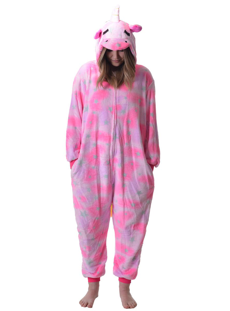 Image of Plush Pink Star Print Adult's Unicorn Costume Onesie - Alternate Front View