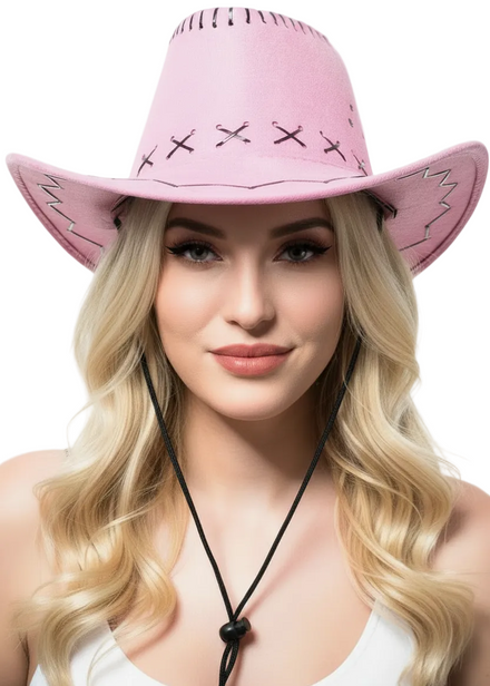 Women's Pink Faux Suede Cowboy Costume Hat Accessory - Main Image