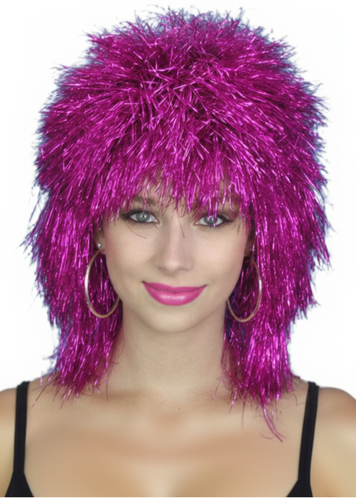 Womens Spiky Pink Tinsel Mullet Costume Wig- main image