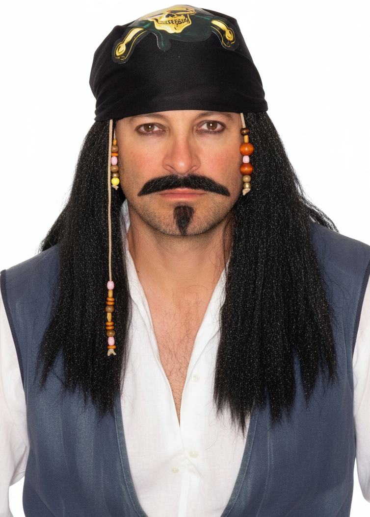 Mens Black Pirate Captain Costume Wig With Bandana - Main Image