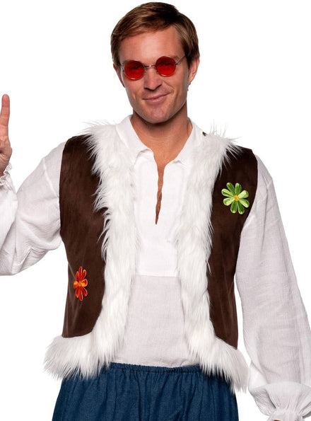 Mens Plus Size 70s Woodstock  Hippie Costume Vest with Fur