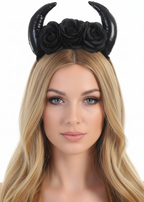 Plush Black Wet Look Devil Horns Headband With Roses - Main Image