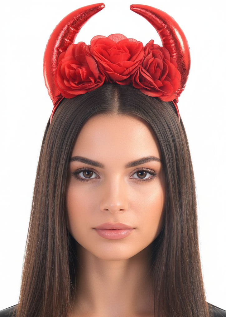 Image of Plush Metallic Red Devil Horns Headband With Roses - Main Image