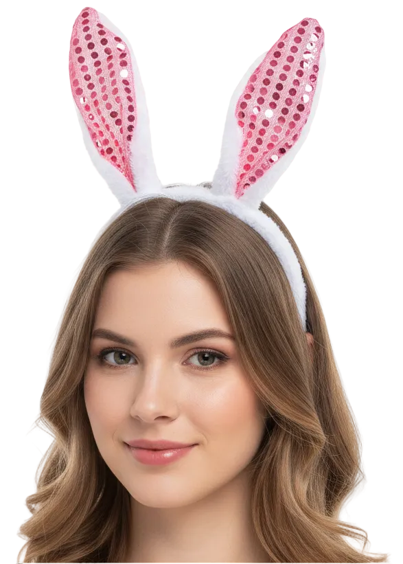 Plush Pink Easter Bunny Ears Headband with Sequins - main image