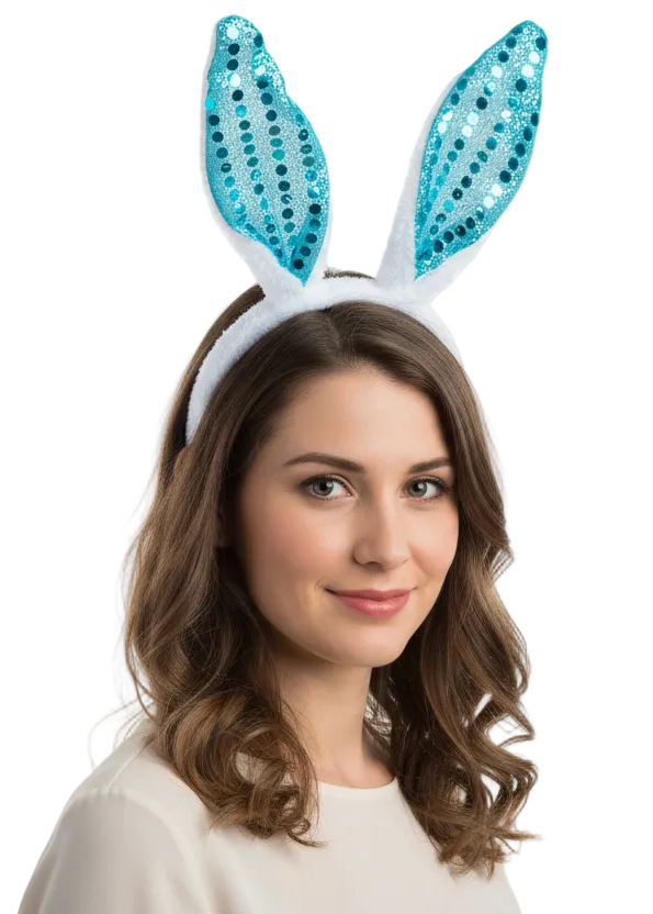 Image of Plush Blue Easter Bunny Ears Headband with Sequins - main image