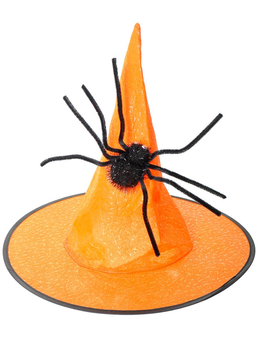 Image of Pointed Orange Witch Hat With Spider Halloween Accessory