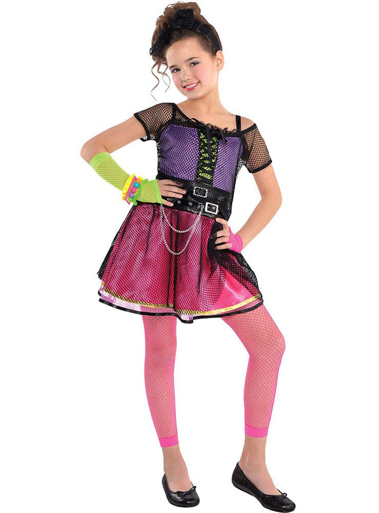 Classic Girls Pink and Purple 1980s Pop Star Costume - Main Image