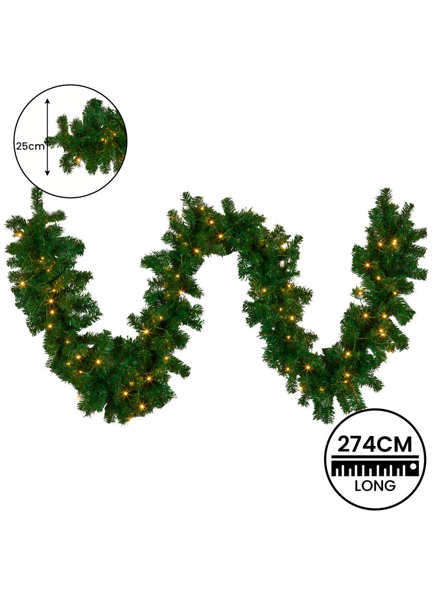 Prelit Warm White 270cm Garland Christmas Decoration - Dimensions Image
