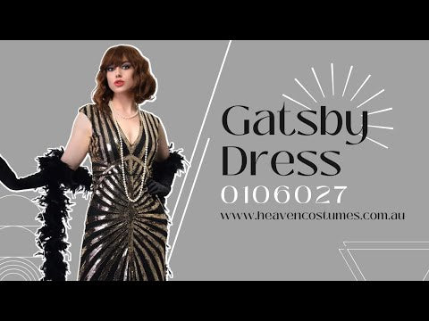 A person modelling this women's black and gold sequin 1930s Hollywood costume dress.