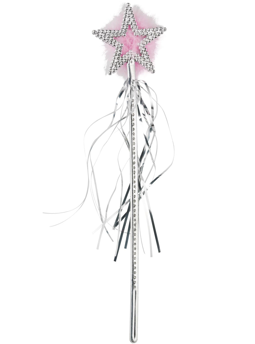 Princess Girls Silver Star Costume Wand with Pink Marabou Feathers - Main Image